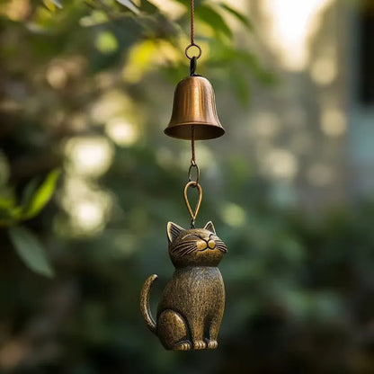 Katzen-Windspiel aus Bronze-Optik | Anhänger für Türen, Fenster und Garten | Dekoration für Balkon und Hof