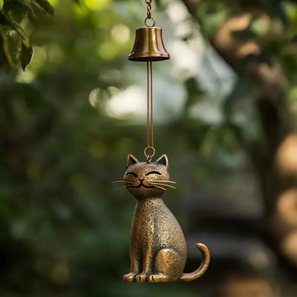 Katzen-Windspiel aus Bronze-Optik | Anhänger für Türen, Fenster und Garten | Dekoration für Balkon und Hof