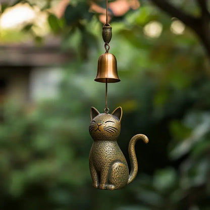 Katzen-Windspiel aus Bronze-Optik | Anhänger für Türen, Fenster und Garten | Dekoration für Balkon und Hof