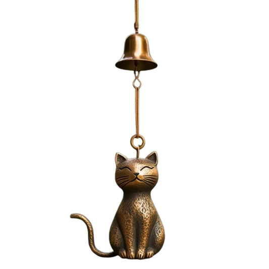 Katzen-Windspiel aus Bronze-Optik | Anhänger für Türen, Fenster und Garten | Dekoration für Balkon und Hof